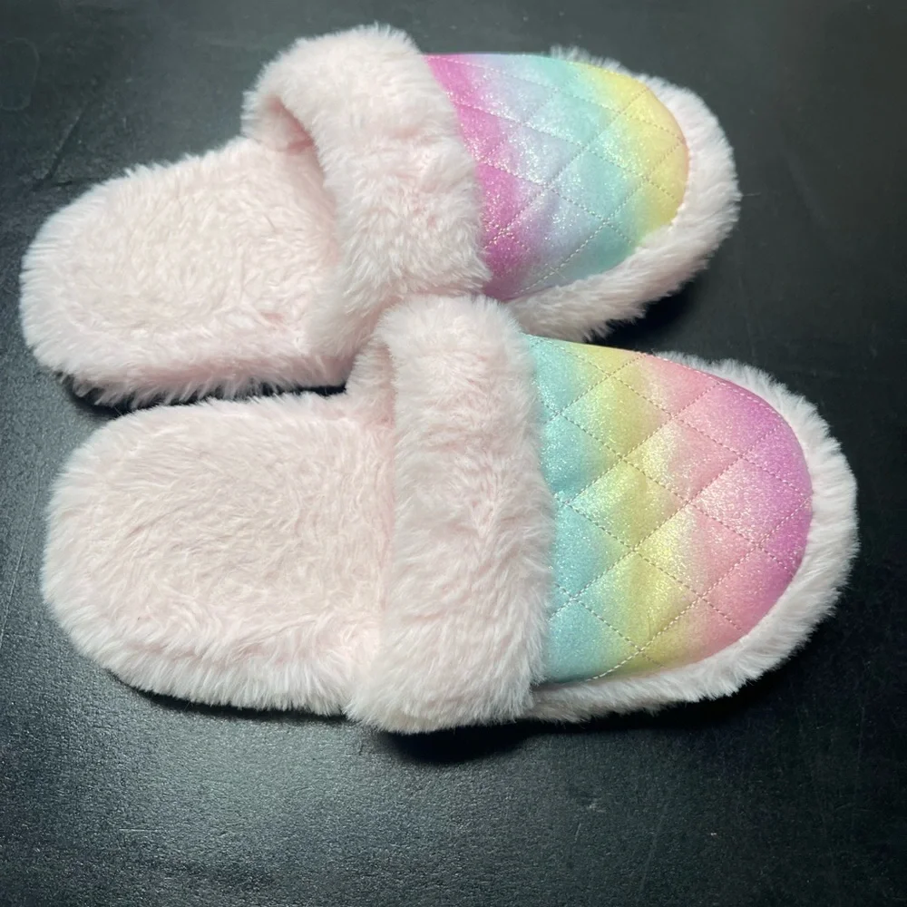 Kids Rainbow Quilted Slippers with Faux Fur 13-1